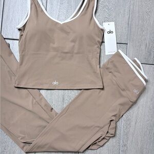 Alo Yoga Alosoft High-Waist Flare Legging + Aspire Tank Set in Taupe / Mocha- XL